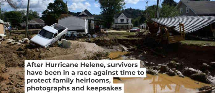 Damage and residual flooding from Mill Creek in the aftermath of Hurricane Helene on Sept. 29, 2024, in Old Fort, N.C. Melissa Sue Gerrits/Getty Images